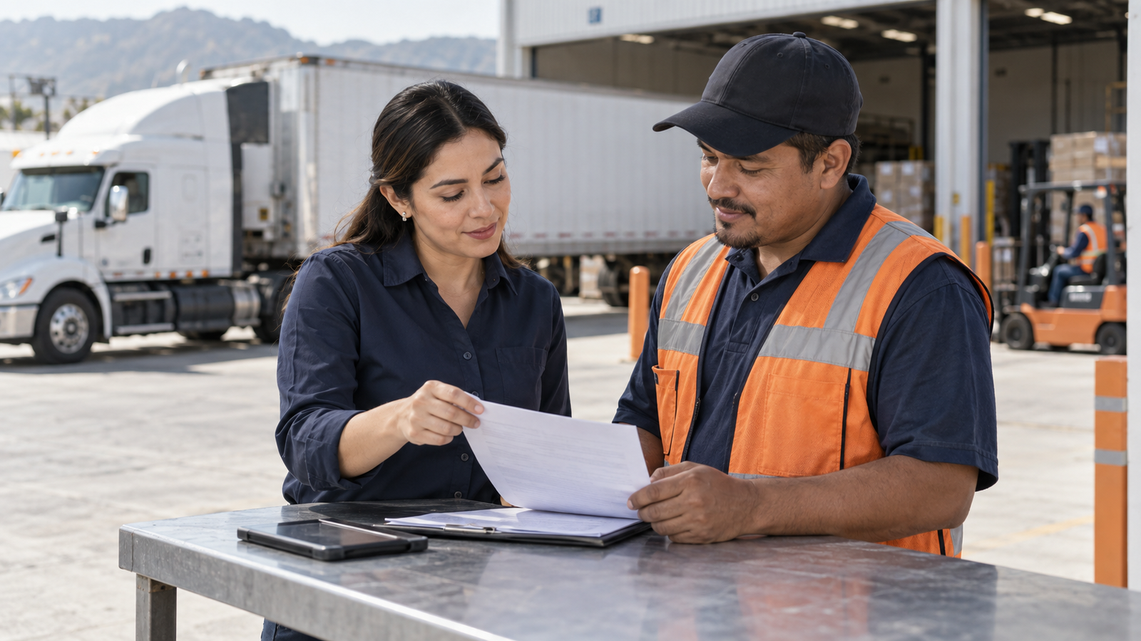 Escena contextual de una especialista y un profesional de logística que conversan junto a una operación de transporte